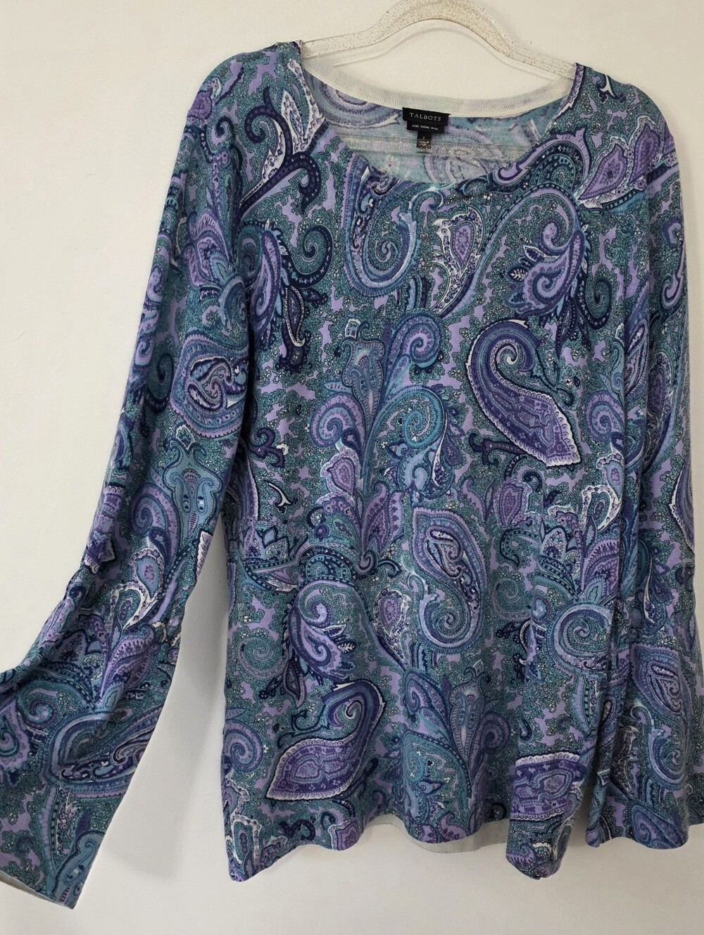 Talbots 100% Merino Wool Paisley Bell Sleeve Sweater Jewel Tones Art Teacher Lg